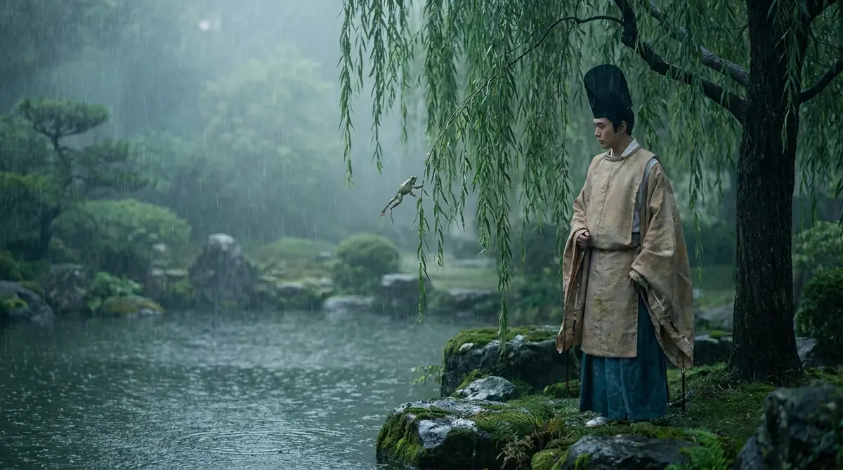 花札「あめ」に描かれた小野道風と蛙の逸話